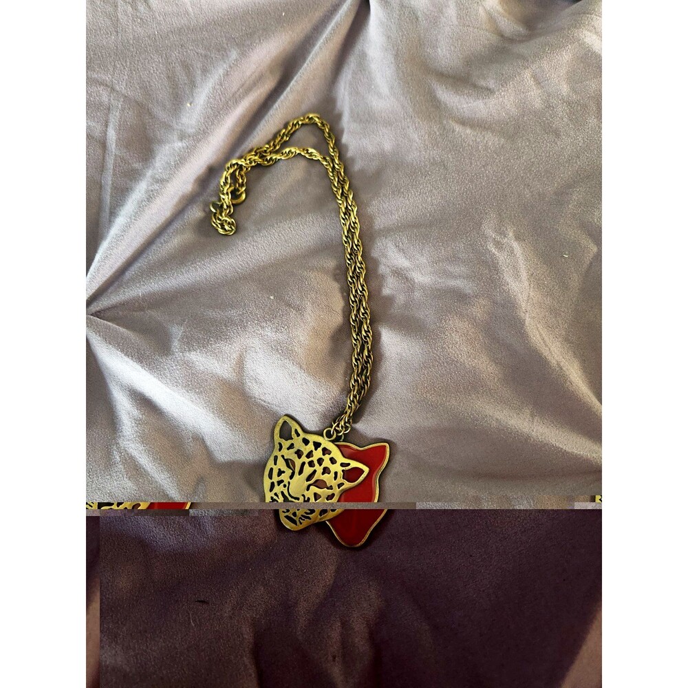 Vintage Gold Tone Rope Chain Necklace Leopard Head Charm W/ Red Enamel